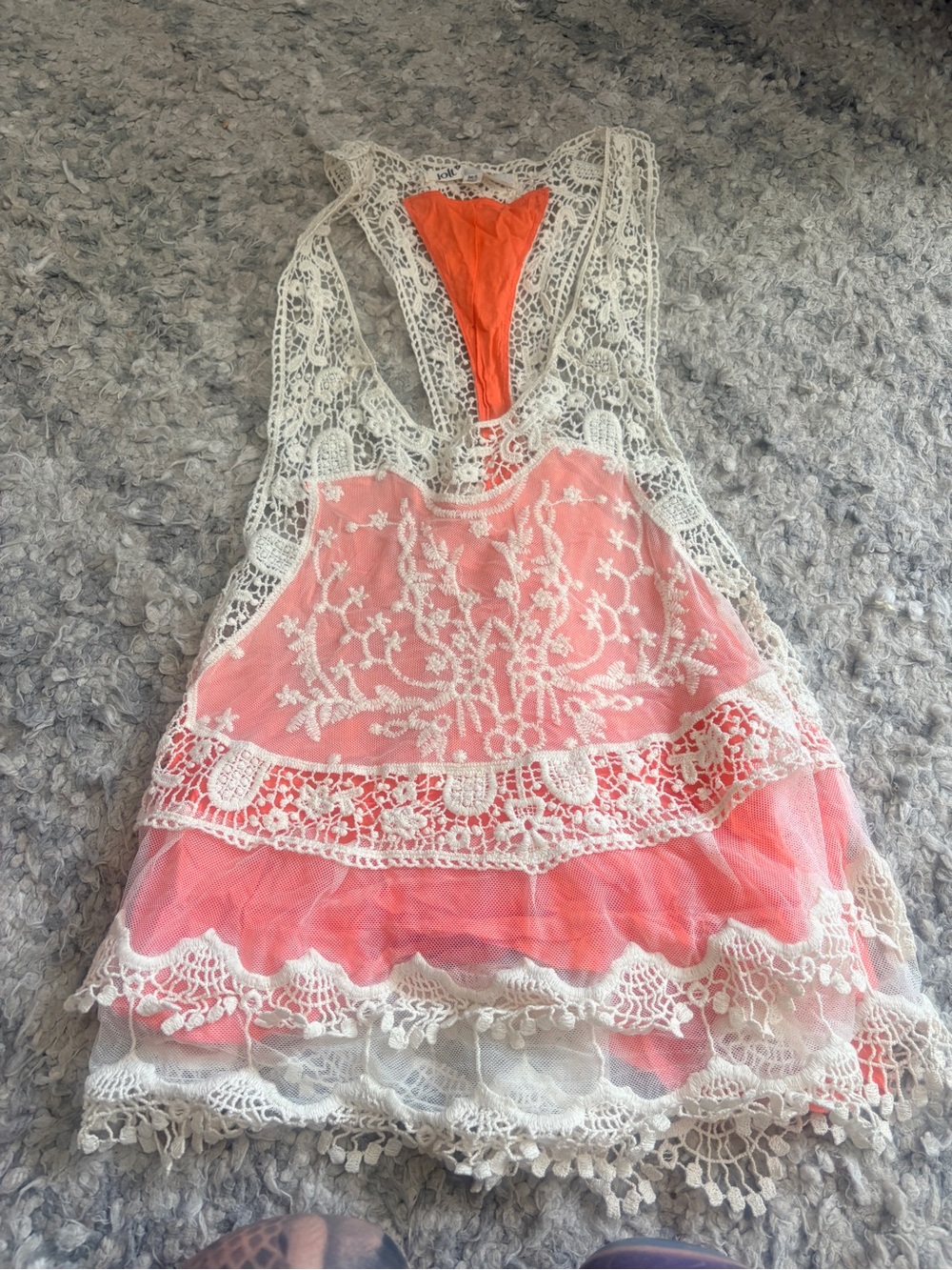 Jolt Coral Pink Tank Top with Cream Lace Overlay